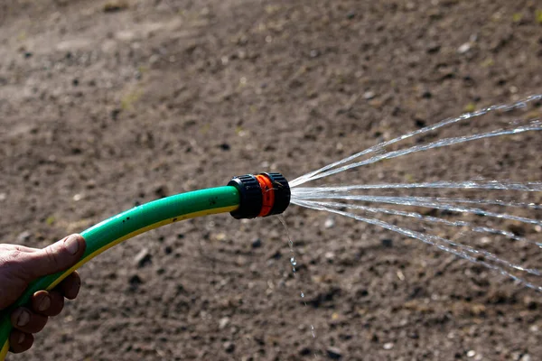 Man Holding Hose Watering Plants Garden Powerful Jet Stream Clean — Stock Photo, Image