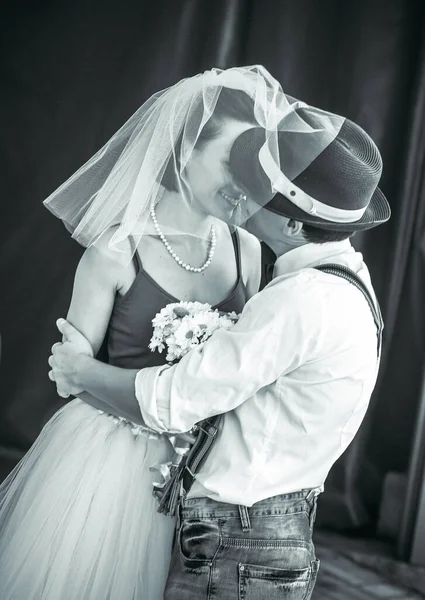 Portrait Young Couple Wedding Attire Celebrating Wedding Anniversary Black White — Stock Fotó