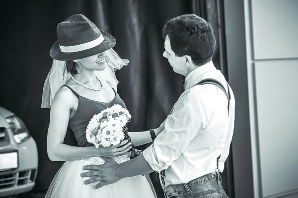 Portrait Young Couple Wedding Attire Celebrating Wedding Anniversary Black White — Photo