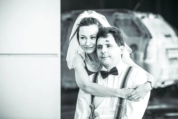 Portrait Young Couple Wedding Attire Celebrating Wedding Anniversary Black White — Stock Fotó