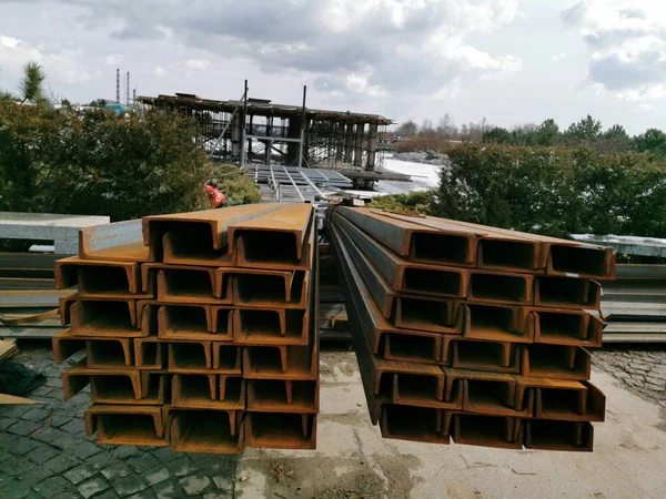 Steel Channel Construction Site Use Steel Channel Strengthen Foundation House — Stok fotoğraf