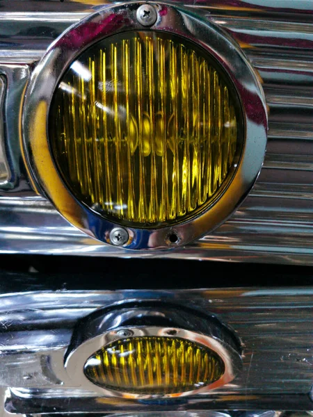 Close Yellow Headlights Retro Car Shiny Silver Metal — Photo