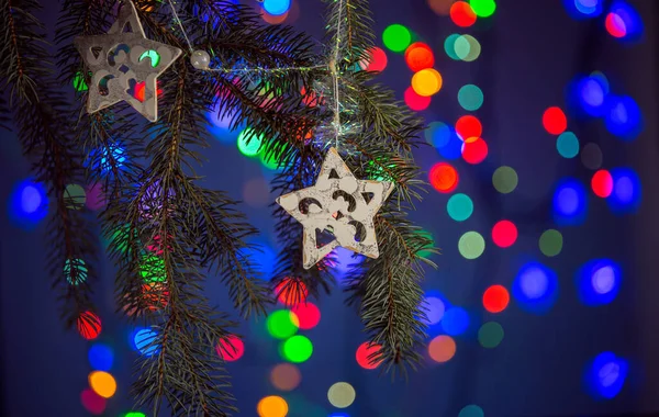 Gwiazda Bożego Narodzenia Zabawki Musujące Bajeczne Tło Miejsca Kopiowania Świąteczne — Zdjęcie stockowe