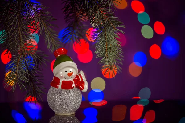 Boldog Hóember Játék Csillogó Mesés Bokeh Háttér Másolási Hely Karácsonyi — Stock Fotó