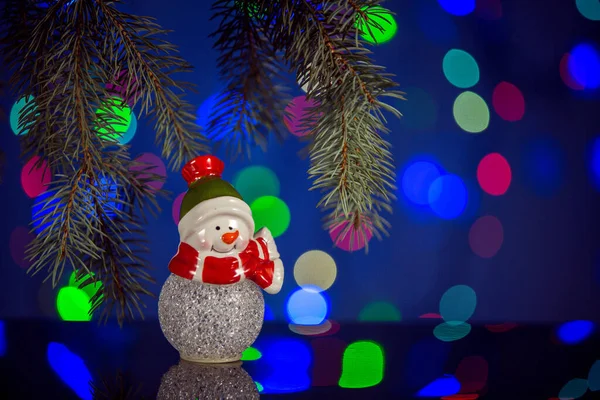 Boldog Hóember Játék Csillogó Mesés Bokeh Háttér Másolási Hely Karácsonyi — Stock Fotó