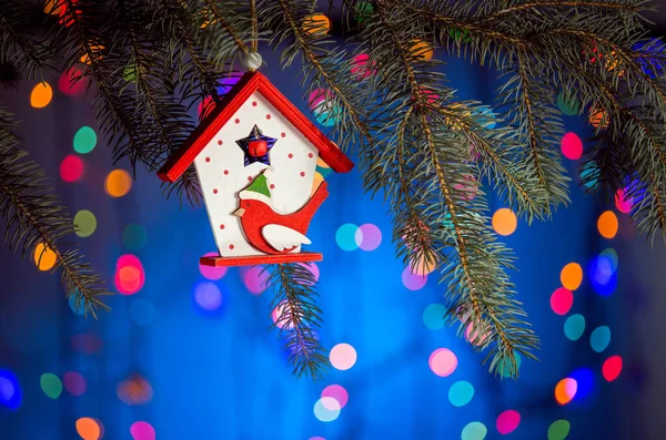 Casa Juguete Navidad Con Pájaro Titmouse Brillante Fabuloso Fondo Con — Foto de Stock
