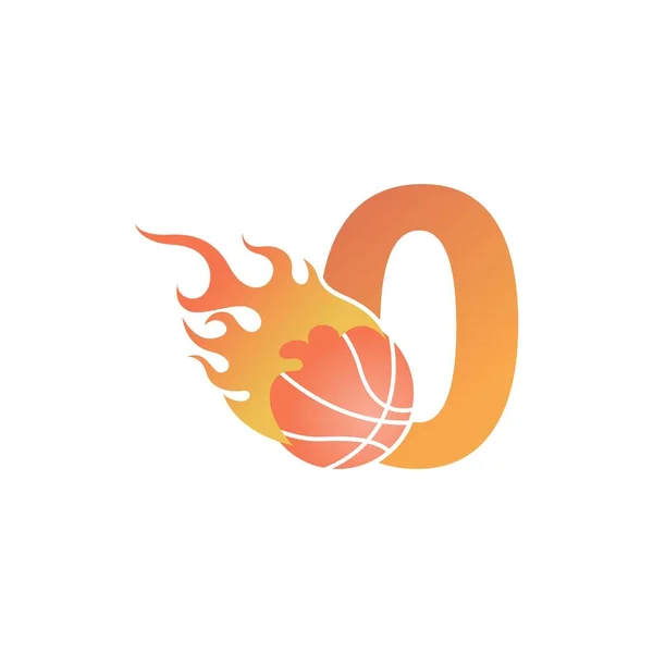 Número Cero Con Bola Baloncesto Fuego Vector Ilustración — Archivo Imágenes Vectoriales