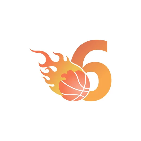 火のイラストベクトルのバスケットボールボールと第6番 — ストックベクタ