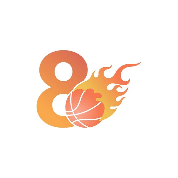 火のイラストベクトルのバスケットボールボールと第8番 — ストックベクタ