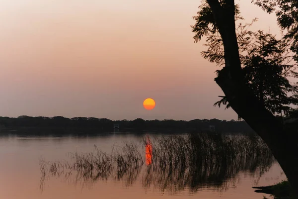 Силуэт заката над озером в общественном парке. — стоковое фото