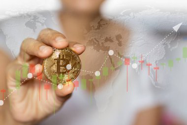Golbal ticaret grafiği geçmişi olan el ele tutuşma bitcoin resmi.