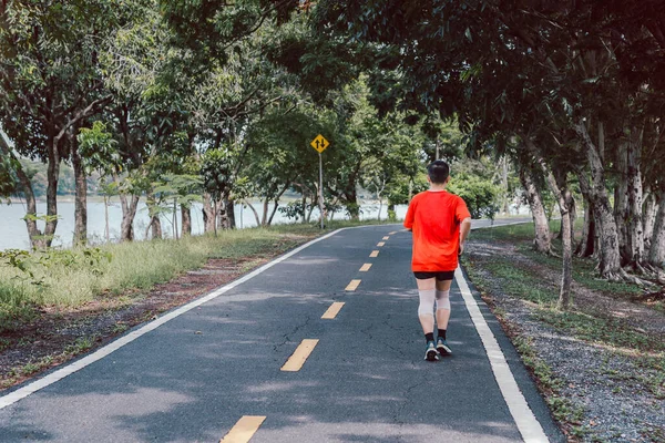 Volver vista de asiático hombre jogging en parque en verano. — Foto de Stock