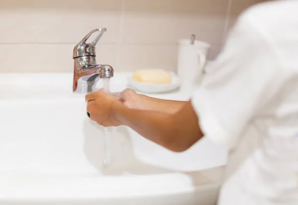 Boy Washing His Hand Running Tap Water Bathroom — Stockfoto