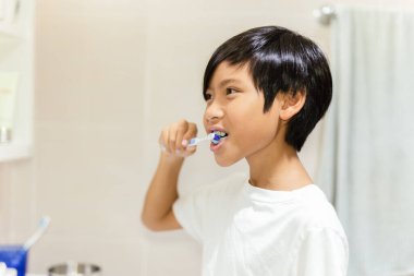 Boy brushing his teeth with toothbrush in the bathroom
