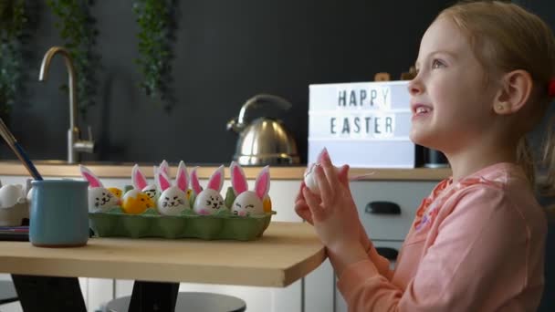 Close Little Cute Girl Looking Easter Eggs Decorated Bunnies Chicks — Stock Video