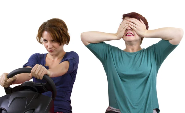 Reckless driver and scared passenger — Stock Photo, Image