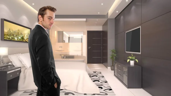 Man in hotelkamer — Stockfoto