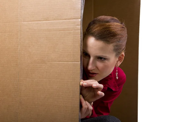 Zakenvrouw in kartonnen doos — Stockfoto