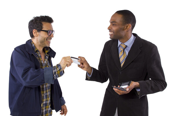 Con-artist stealing a customers credit card information