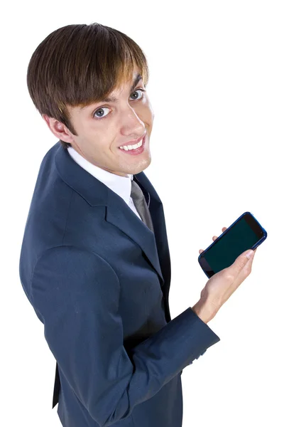 Επιχειρηματίας, κρατώντας ένα κινητό τηλέφωνο — Φωτογραφία Αρχείου