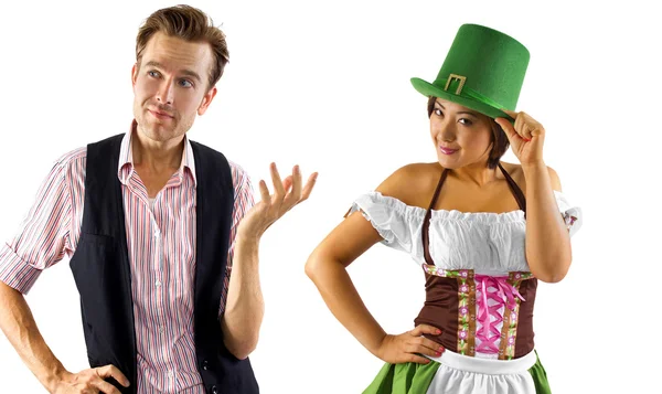 Woman in St Patty's costume serving customers — Stock Photo, Image