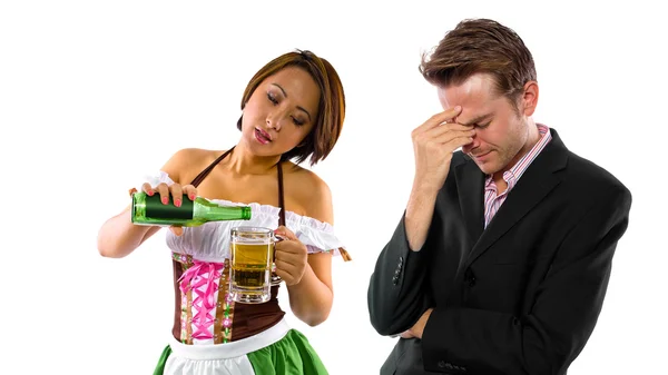 Woman in St Patty's costume serving customers — Stock Photo, Image