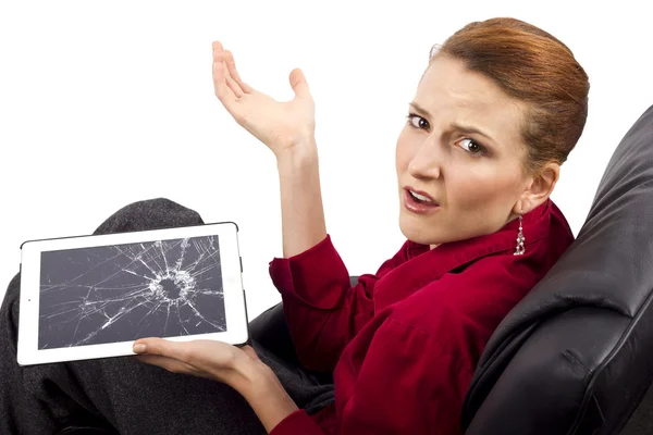 Complaining about a broken tablet screen — Stock Photo, Image