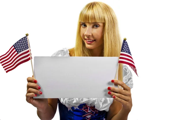 Woman holding a banner and sign — Stock Photo, Image