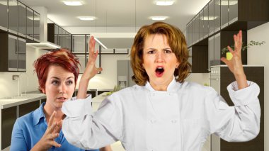 Chef and waitress fighting in the kitchen clipart