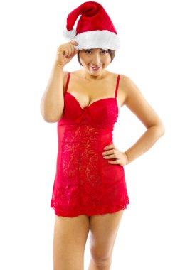 Asyalı kadın giyen Noel Baba şapkası