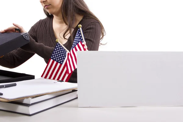 Federal female worker with blank sign — Stock Photo, Image