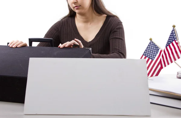 Federal female worker with blank sign — Stock Photo, Image