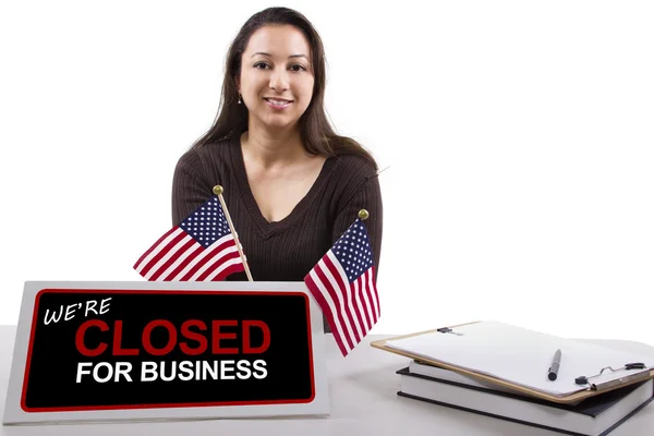 Woman with desk sign — Stock Photo, Image