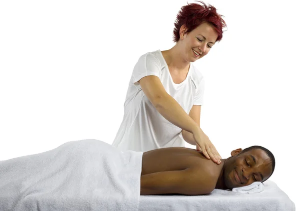 Weibliche Masseurin Behandlung männlicher Klient — Stockfoto