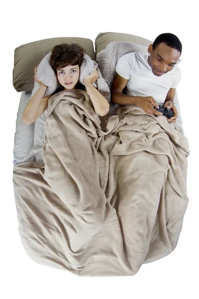 Female unable to sleep, gamer boyfriend — Stock Photo, Image