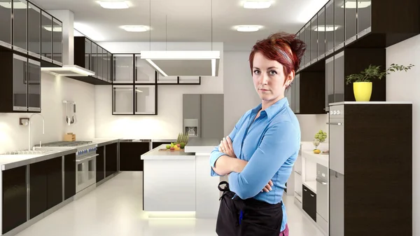 Female redhead in 3d kitchen — Stock Photo, Image