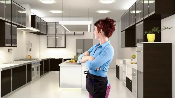 Female redhead in 3d kitchen — Stock Photo, Image