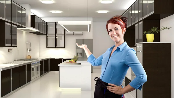 Female redhead in 3d kitchen — Stock Photo, Image