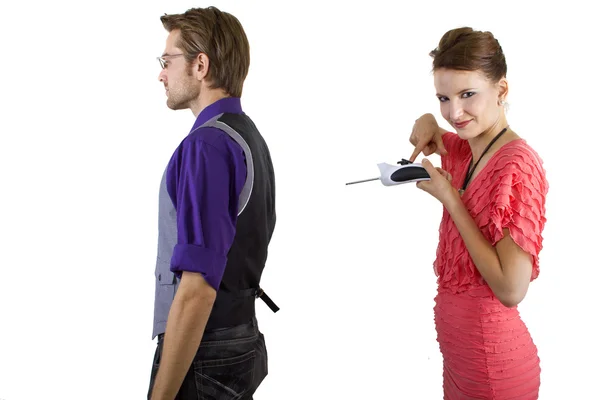 Woman controlling her boyfriend — Stok fotoğraf