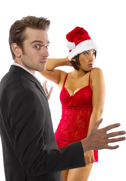 Businessman with woman in christmas hat — Stock Photo, Image