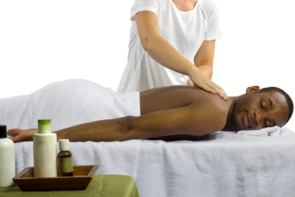 Masseuse showing off spa for men — Stock Photo, Image