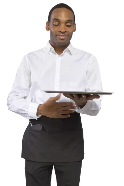 Camarero que lleva una bandeja en blanco — Foto de Stock