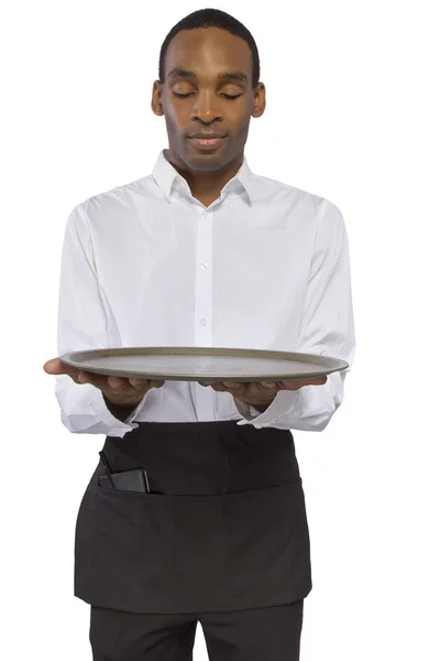 Male waiter carrying a blank tray — Stock Photo, Image