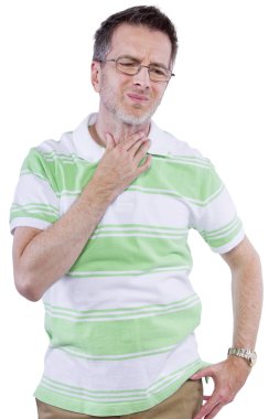 Male holding painful throat and frowning clipart