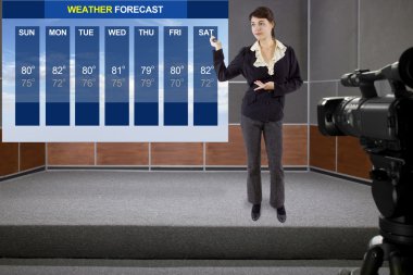 Woman on stage with weather chart and camera clipart
