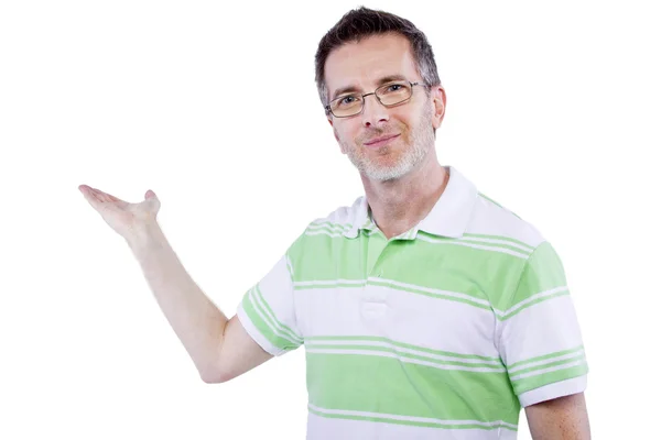 Man with advertising gestures — Stock Photo, Image