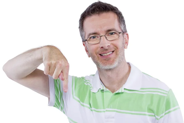 Man with advertising gestures — Stock Photo, Image