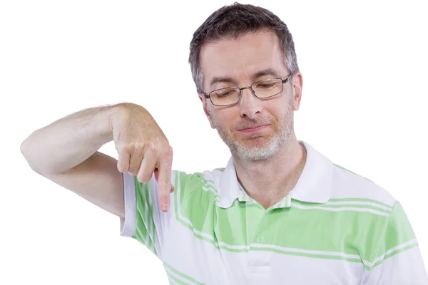 Man with advertising gestures — Stock Photo, Image