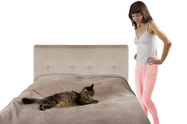 Cat is on a teenage girl's bed — Stock Photo, Image