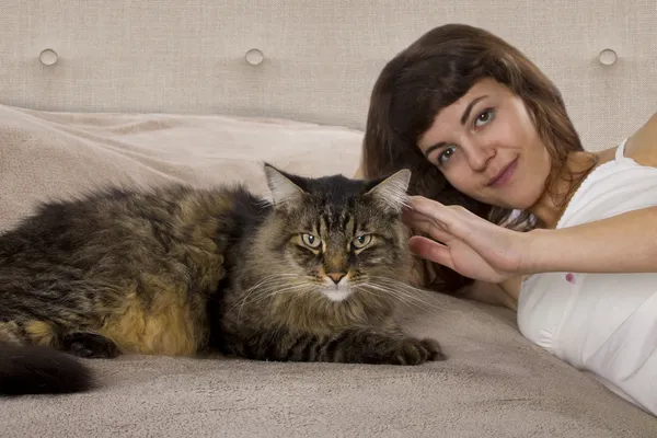 Cat is on a teenage girl's bed — Stock Photo, Image